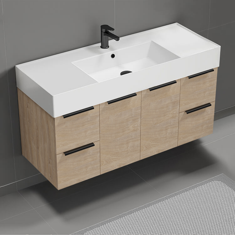 Nameeks DERIN1005 48 Inch Floating Single Bathroom Vanity, Luxury Ceramic Sink, Counter Space, 2 Doors, 4 Drawers, Brown Oak